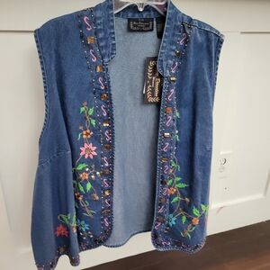 VINTAGE 1989 DRESSBARN Boho Floral Embroidered Beaded Denim Oversized 3XL Vest